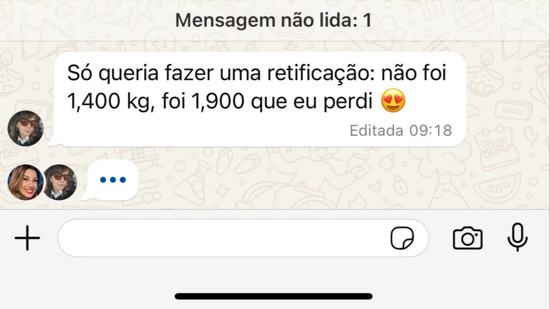 Mensagem de participante corrigindo o resultado: perdeu 1,900 kg