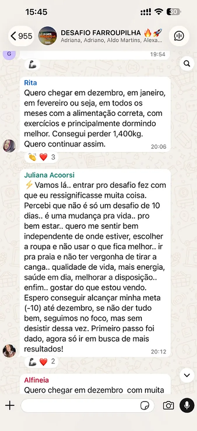 Print do grupo do desafio: Rita e Juliana relatam perda de peso e mudança de hábitos