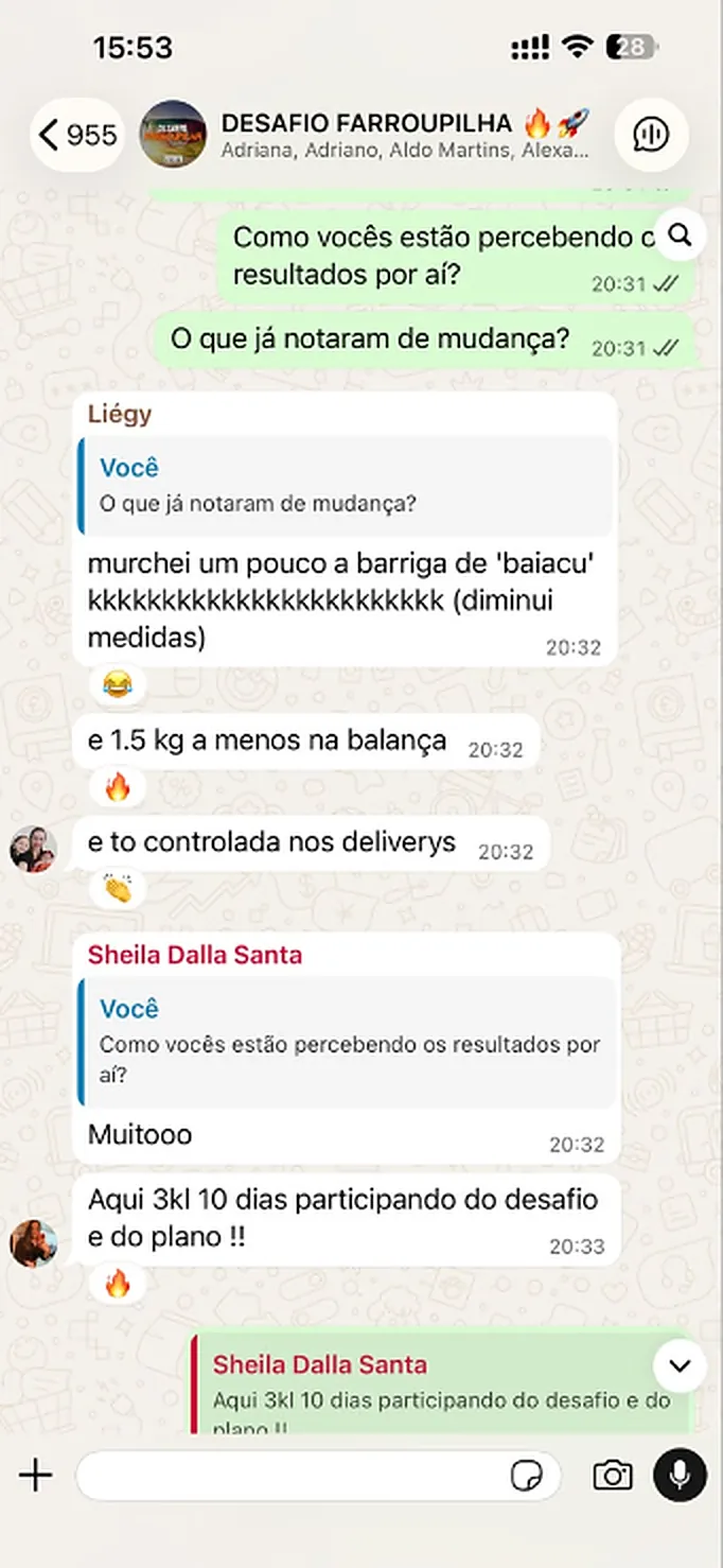 Print do grupo do desafio: participantes contam medidas reduzidas, 1,5 kg a menos e 3 kg em 10 dias