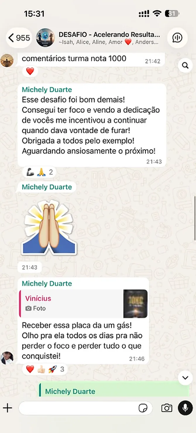 Print do grupo do desafio: Michely Duarte agradece e conta que conseguiu manter o foco
