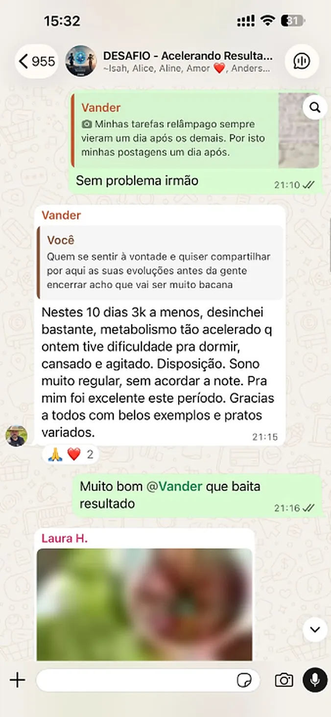 Print do grupo do desafio: Vander relata 3 kg a menos em 10 dias, com mais disposição e sono regular
