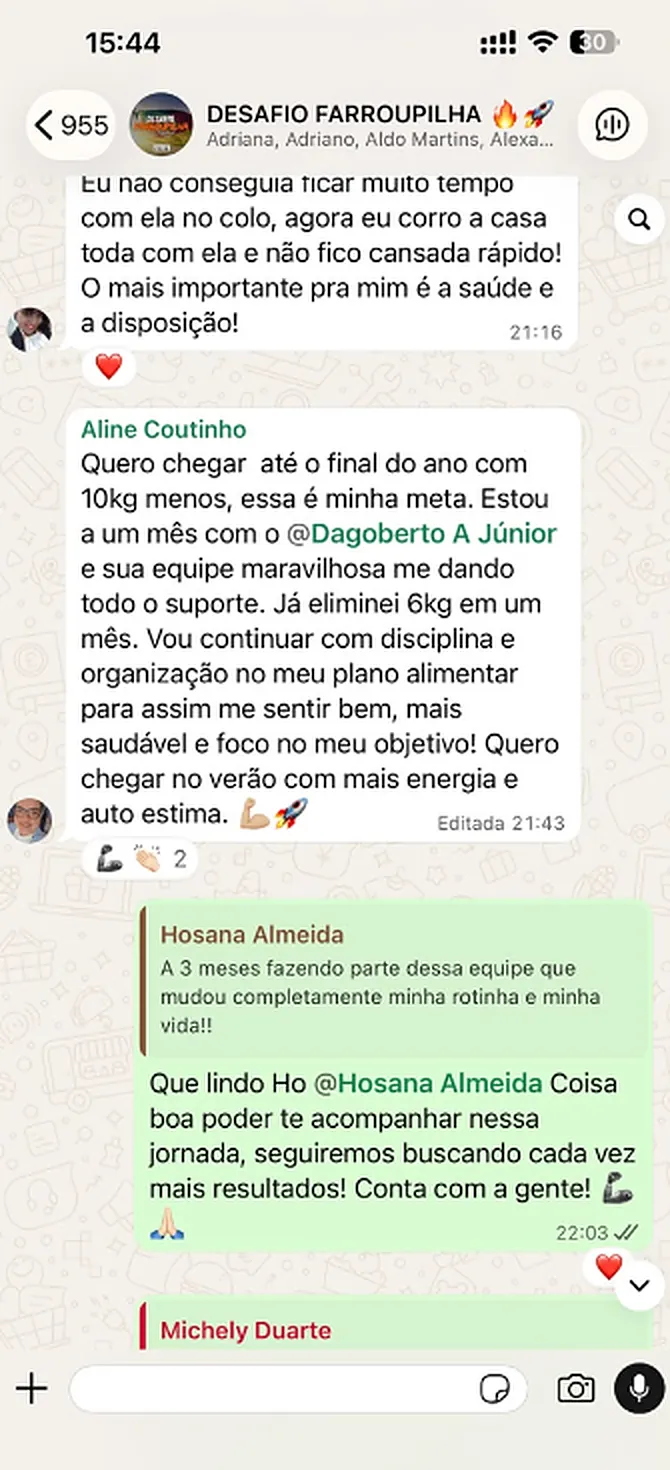 Print do grupo do desafio: Aline Coutinho relata ter eliminado 6 kg em um mês