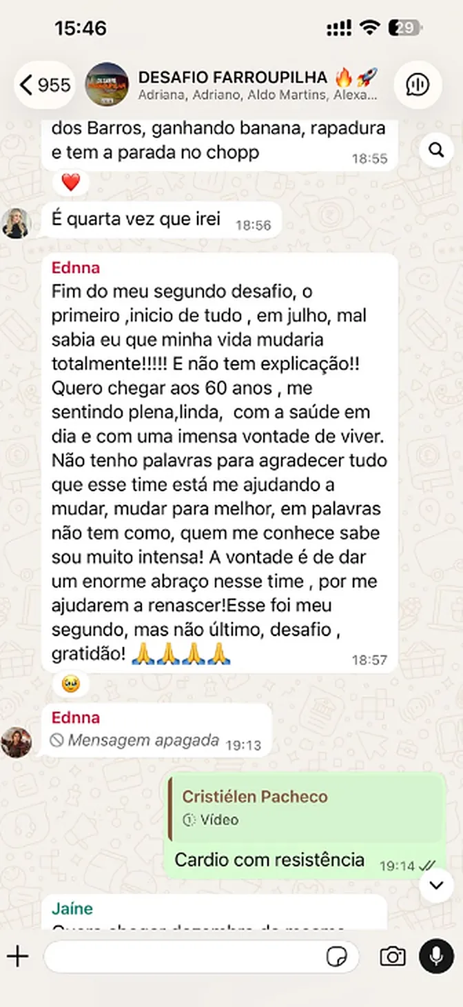 Print do grupo do desafio: Ednna agradece ao final do seu segundo desafio