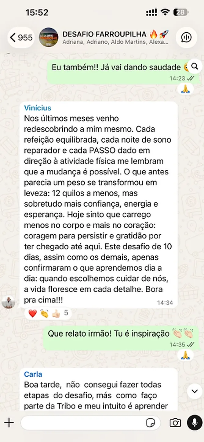 Print do grupo do desafio: relato do Vinícius sobre perder 12 quilos
