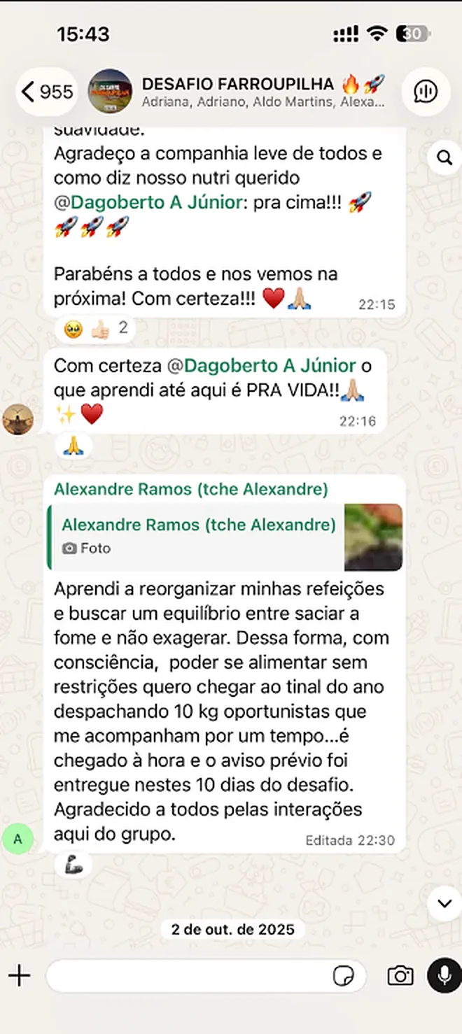 Print do grupo do desafio: Alexandre Ramos conta que aprendeu a reorganizar as refeições