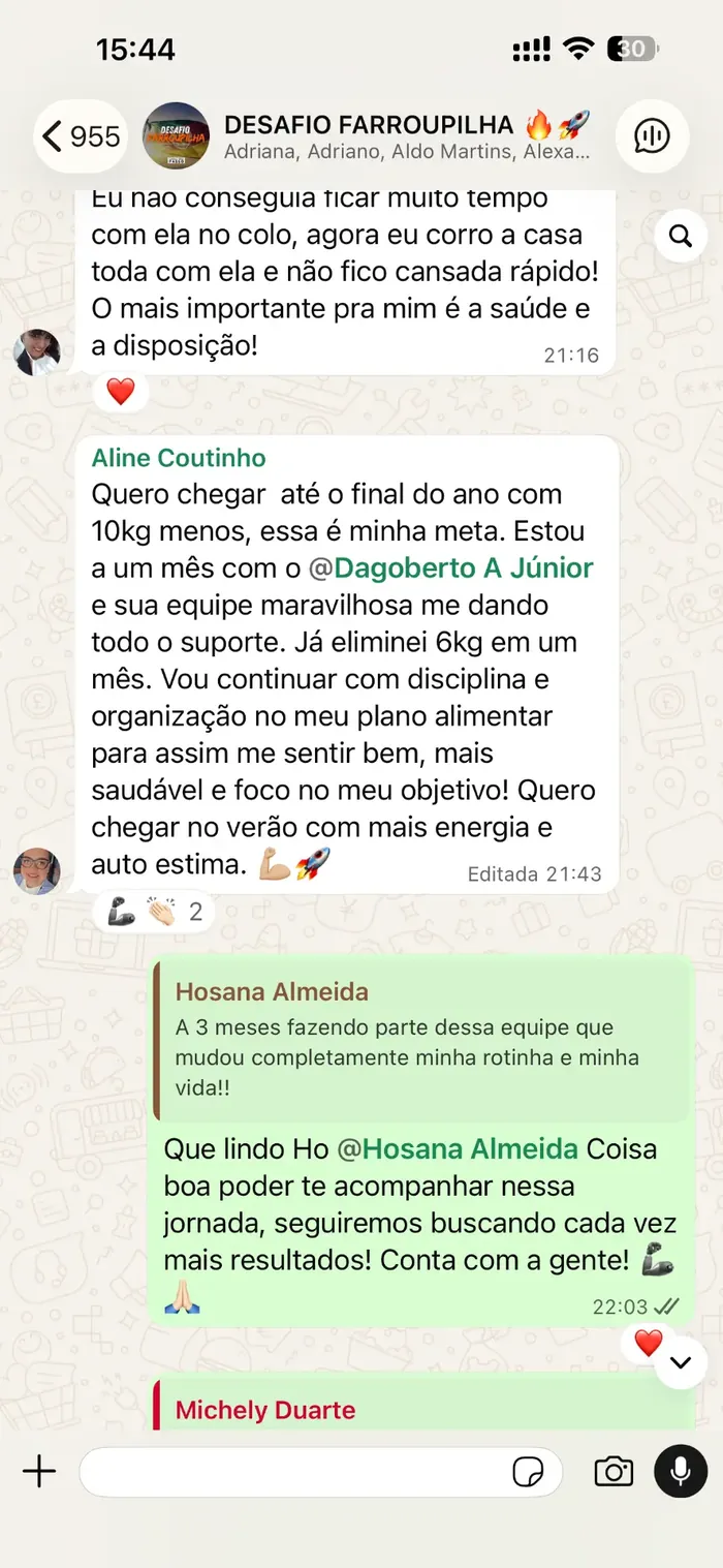 Print do grupo do WhatsApp: Aline relata ter eliminado 6kg em um mês