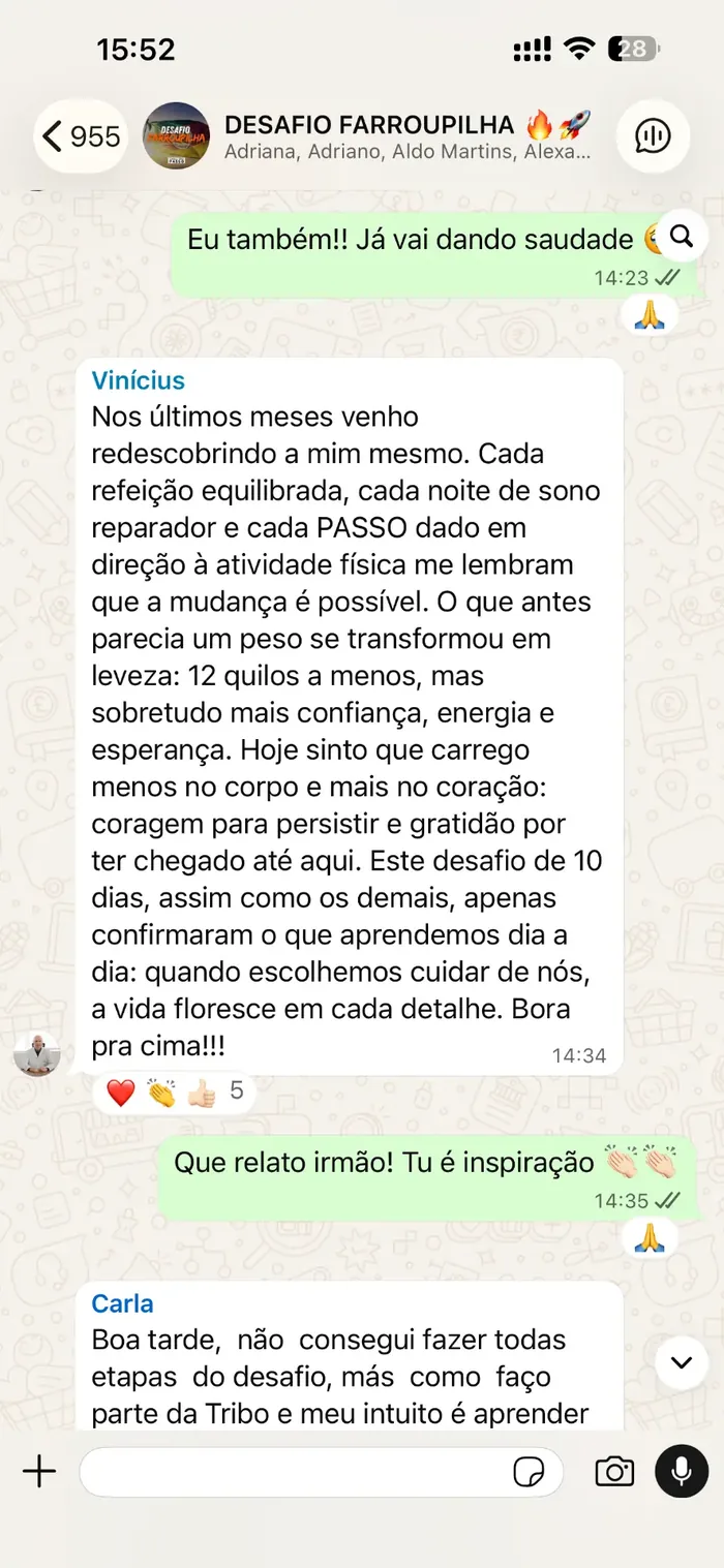 Print do grupo do WhatsApp: relato do Vinícius sobre perder 12 quilos